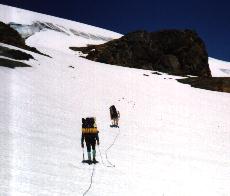 Crossing the lower Easton Glacier towards our camp.