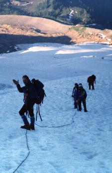 DJ and Brad on the first rope followed by Bruce, Kathy, and Drew. The Railroad Grade is in the background.